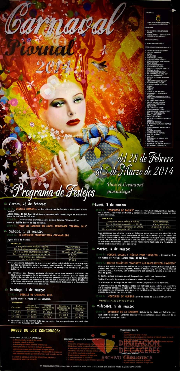Plakat für das Karnevalsfest 2014 mit einer Frau in einem bunten Kleid, die in der Mitte strahlend lächelt, umgeben von fetter schwarzer Schrift auf einem leuchtend gelben Hintergrund.