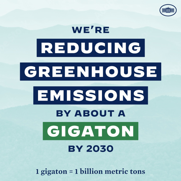 Plakat mit Text und Logo, das "Wir reduzieren die Treibhausgasemissionen um etwa eine Gigatonne bis 2030" fordert, für die Reduzierung von Treibhausgasen bis 2030.