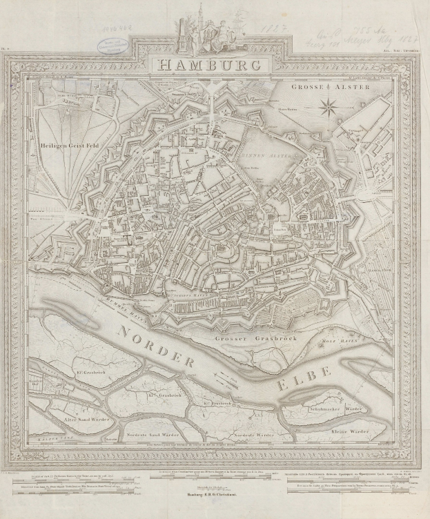 Alte Hamburg-Karte, Deutschland, auf Papier gedruckt, zeigt Straßen und Sehenswürdigkeiten im klassischen Stil.