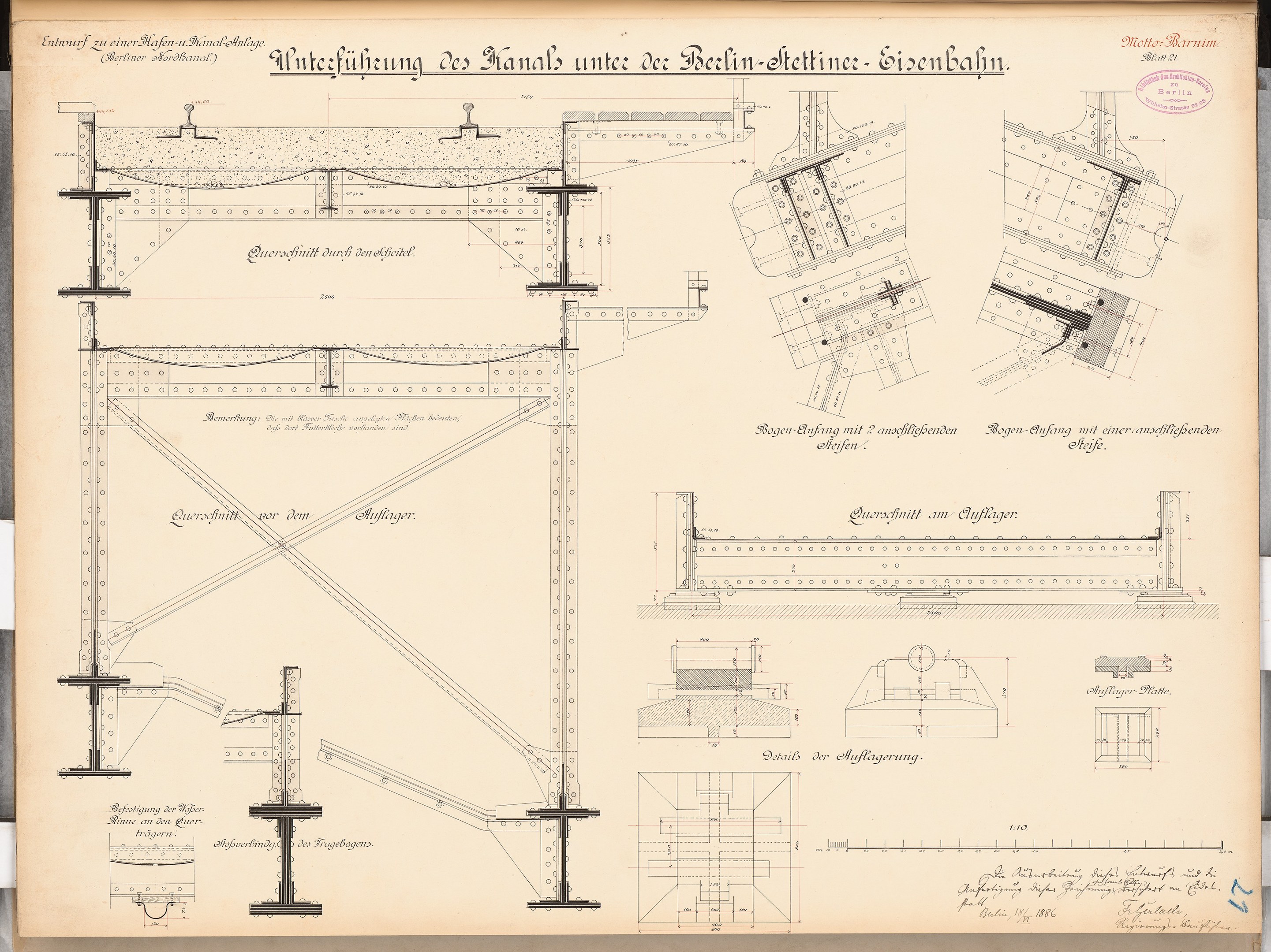 Ausführlicher Architekturplan der Berlin-Sienbahnbrücke mit strukturellen Zeichnungen und Anmerkungen auf Papier.