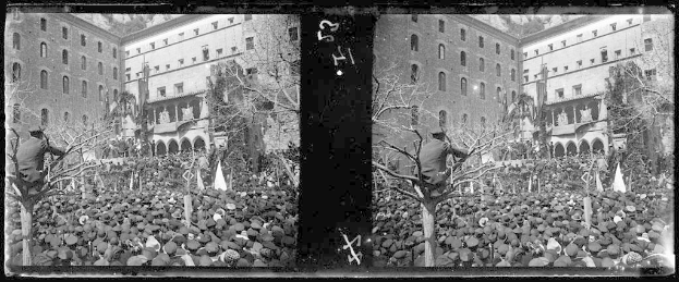 Ein Schwarz-Weiß-Foto einer großen Menschenmenge vor einem Gebäude mit Fenstern, Bäumen und Fahnen im Hintergrund, die scheinbar eine Protestveranstaltung abhalten, wobei einige Schilder und Transparente halten.