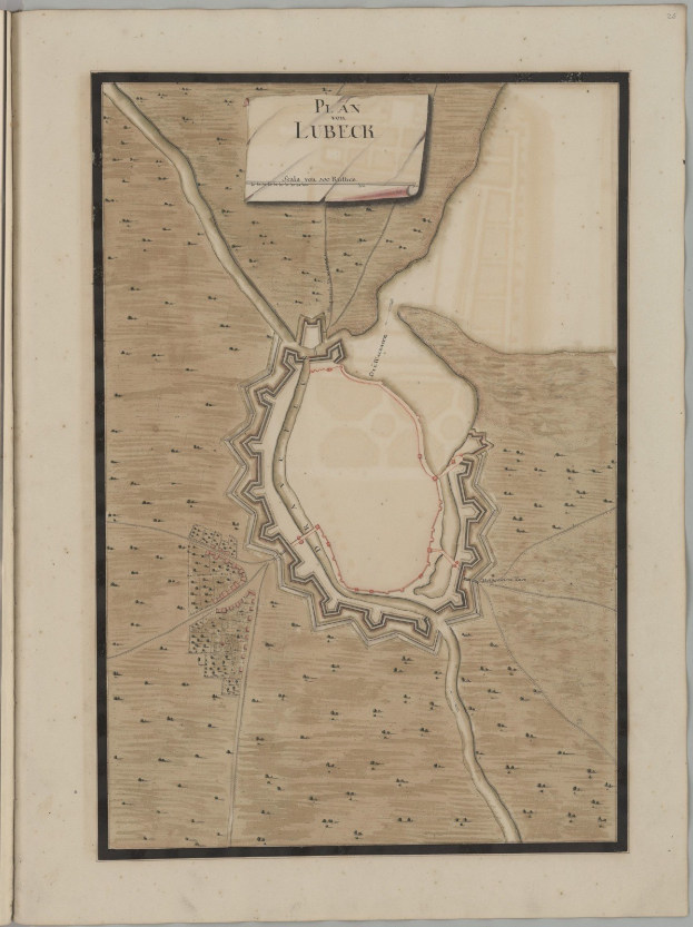 Eine detaillierte Karte der Stadt Lübeck auf dem Umschlag eines alten Buches, die Straßen, Gebäude und Sehenswürdigkeiten zeigt, begleitet von Texten über die Bevölkerung, Geschichte und Kultur der Stadt.