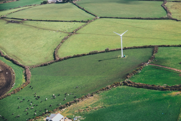 Luftaufnahme eines einzelnen Windrades in einer grünen Wiese mit Bäumen, Häusern und Tieren im Hintergrund, gelegen in Irland.