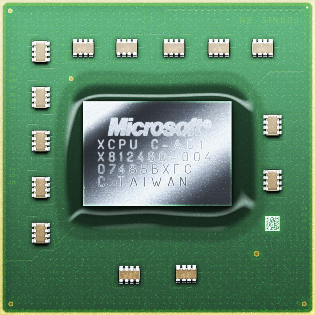 Ein Nahaufnahme eines grünen und cremefarbenen Mikroprozessor-Chips auf einem gelben Hintergrund mit dem Wort "Microsoft" darauf.