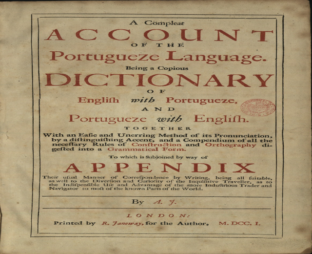 Altes Buch mit dem Titel "Bericht über das portugiesische Wörterbuch" offen, um den Innentext zu zeigen.