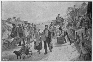 Eine Gruppe von Menschen, einige mit Taschen, geht einen Schotterweg entlang mit einem Hund und einem von Pferden gezogenen Wagen, mit Häusern und einem klaren Himmel im Hintergrund; Text unten lautet "Deutsche Flüchtlinge in Deutschland".