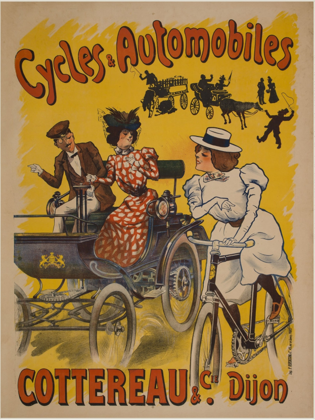 Plakat zur Werbung von Fahrrädern und Automobilen in Cottereau und Dijon, Frankreich, das Menschen auf Fahrrädern und eine Kutsche zeigt mit "Fahrräder und Automobile" oben.