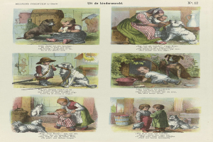 Seite aus einem Kinderbuch mit bunten Illustrationen von Kindern und Hunden verschiedener Rassen, mit geschwungener Schrift, die von einem dekorativen Rahmen umgeben ist.