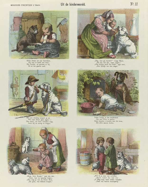 Seite aus einem Kinderbuch mit bunten Illustrationen von Kindern und Hunden verschiedener Rassen, mit geschwungener Schrift, die von einem dekorativen Rahmen umgeben ist.