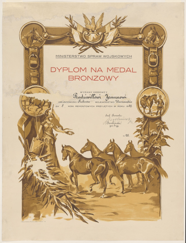 Ein Plakat, das eine Gruppe von Pferden zeigt, die in einer Wiese mit einem Sonnenuntergang als Hintergrund laufen, bewirbt eine Medaillenzeremonie mit dem Titel "Dyplom na Medal Bronzowy".