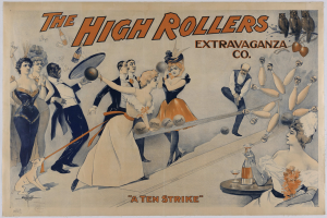 Vintage-Plakat aus den 1920er Jahren für die High Rollers Extravaganza Co., die ein Bowling-Spiel namens "A Ten Strike" bewirbt, mit Menschen in historischer Kleidung und leuchtenden Farben.