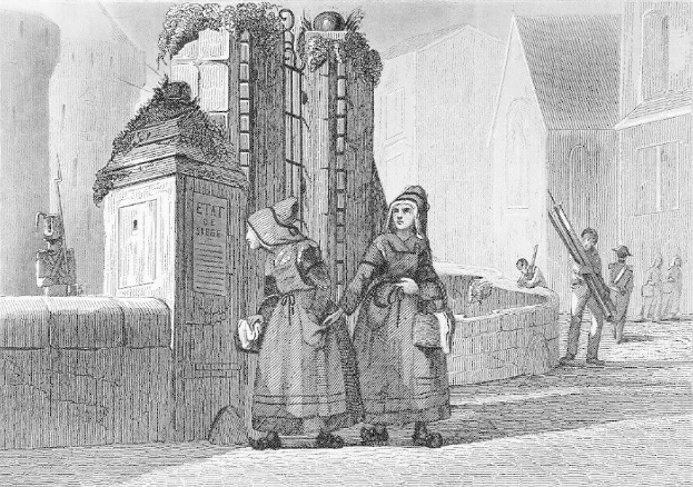 Schwarz-weiß-Gravur von zwei Frauen vor einem Gebäude mit anderen Menschen im Hintergrund, betitelt mit "Victorian Women in the City of London."