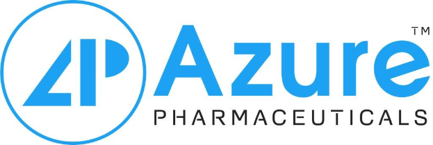 Logo von Azure Pharmaceuticals: fettes schwarzes Unternehmensnamen in einem weißen, blauen Kreis auf einem weißen Hintergrund.