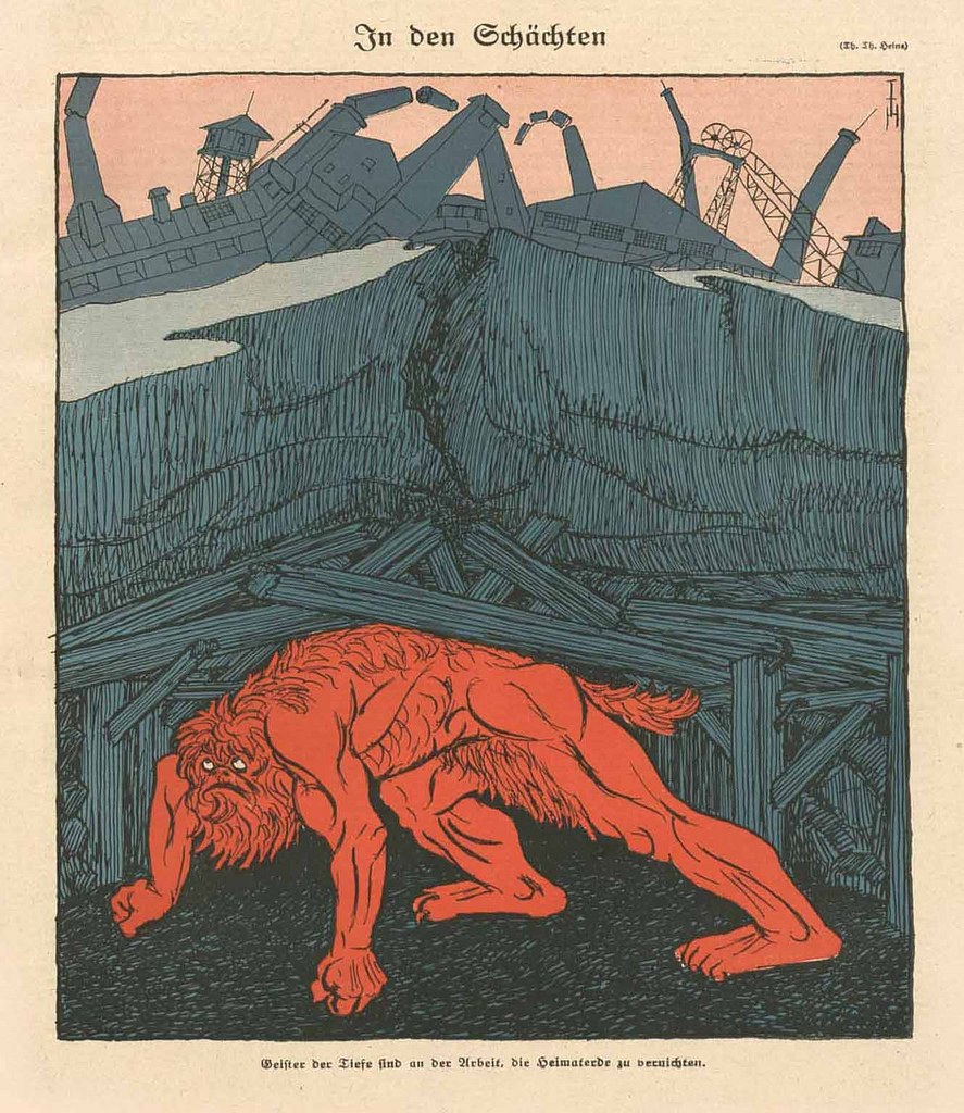 Illustration eines bedrohlichen Werwolfs in Kampfstellung vor einem rauchenden Fabrikgelände unter einem tiefblauen Himmel, mit einem Plakat des Werwolfs im Hintergrund.