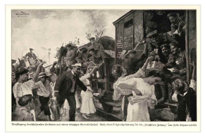 Ein Schwarz-Weiß-Foto von einer Gruppe von Menschen, die vor einem Zug stehen, einige halten Gegenstände, vor Bäumen und einem Himmel, mit Text unten lesend "P.K. Schneiderstatt, 1874-1914 - Deutsch - Deutscher Bürgerkrieg".