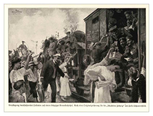 Ein Schwarz-Weiß-Foto von einer Gruppe von Menschen, die vor einem Zug stehen, einige halten Gegenstände, vor Bäumen und einem Himmel, mit Text unten lesend "P.K. Schneiderstatt, 1874-1914 - Deutsch - Deutscher Bürgerkrieg".