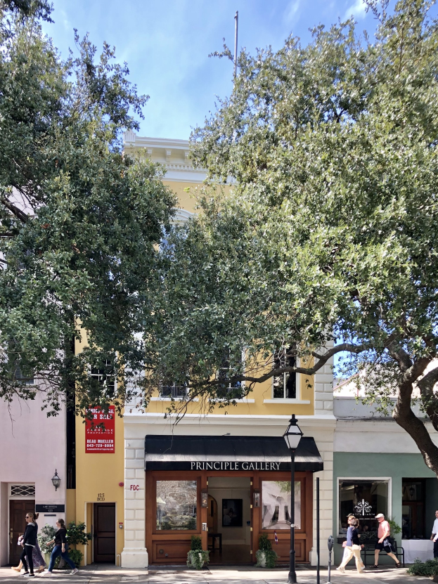 Gruppe von Menschen, die eine Straße vor der Principle Gallery in Charleston, SC, entlanggehen, mit Topfpflanzen, einer Straßenlaterne, einem Schild, einer Fahne, einem Fahnenmast und einem bewölkten Himmel.
