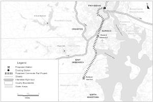 Eine Schwarz-Weiß-Karte einer Stadt mit einem Fluss, beschriftet mit "Vorgeschlagenes Nahverkehrsbahnprojekt" auf der linken Seite, die Straßen, Autobahnen und andere Stadtmerkmale zeigt.