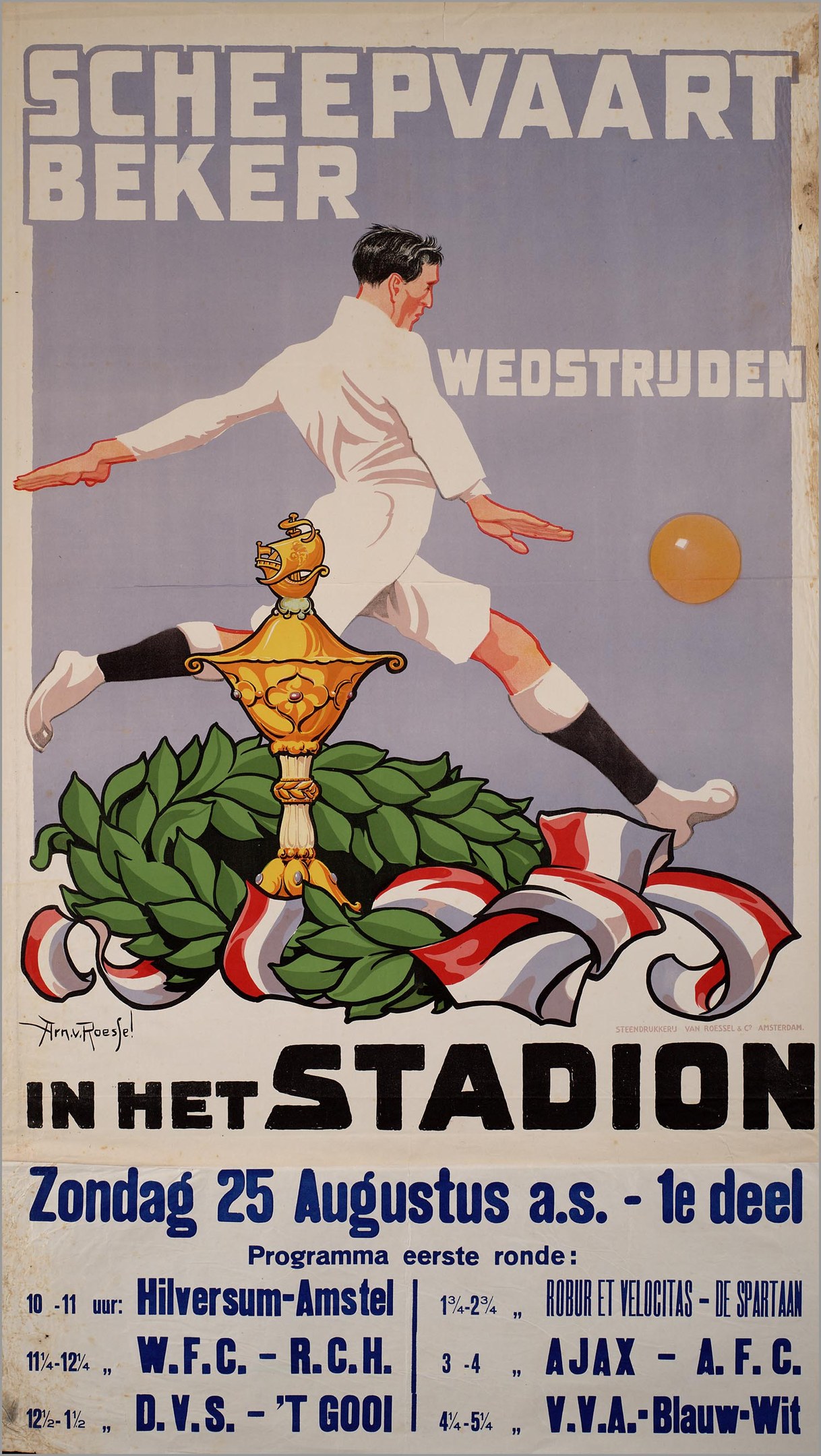 Ein Fußballplakat aus den Niederlanden mit einer Person in einem weißen Trikot und Shorts mit entschlossener Miene, umgeben von grünen und gelben Blättern vor einem hellblauen Himmel, mit fetter schwarzer Schrift, die "Fußball" lautet.