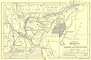 Eine detaillierte Karte von Bengal, Assam und Manipur, die Städte, Ortschaften, Flüsse und andere geografische Merkmale zeigt und von Text begleitet wird, der Informationen zur Bevölkerung, Kultur und Geschichte der Region liefert.