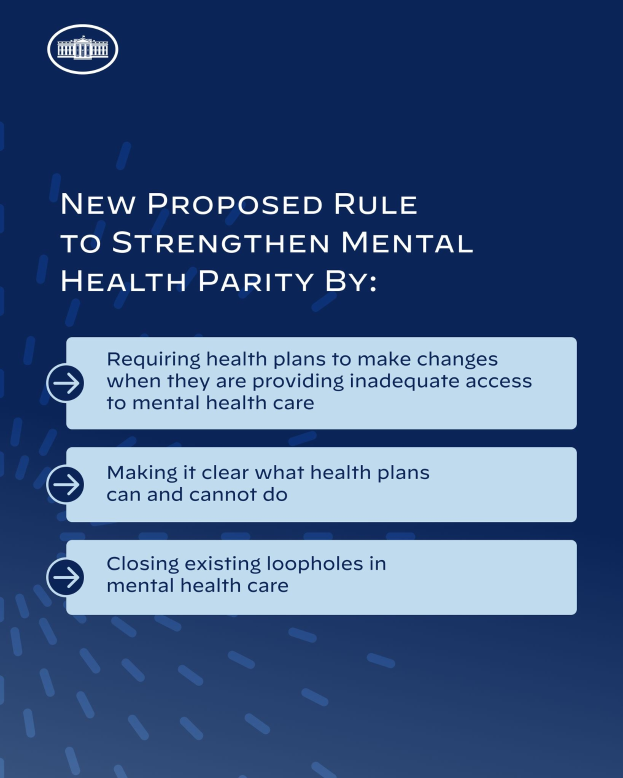 Ein blauer Hintergrund mit weißer Schrift und ein weißes Kreis-Logo mit einer blauen Umrandung, das eine neue vorgeschlagene Regel zur Stärkung der psychischen Gesundheit umreißt.