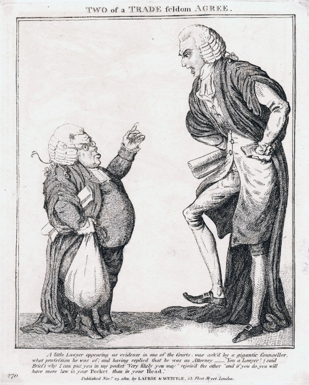 Schwarze und weiße Strichzeichnung von zwei Personen, wobei eine eine Tasche hält, mit dem Text "Zwei eines Handwerks Feldom einigen sich" auf dem Papier.