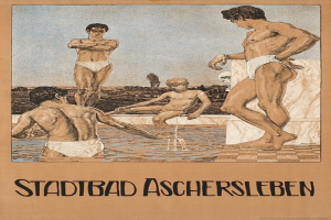 Plakat, das ein Schwimmbad in Aschersleben, Deutschland, zeigt, auf dem Menschen im Wasser zu sehen sind und Text über die Einrichtungen des Bades.