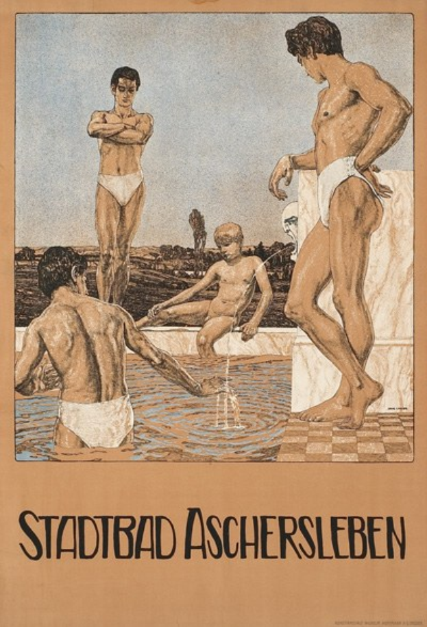 Plakat, das ein Schwimmbad in Aschersleben, Deutschland, zeigt, auf dem Menschen im Wasser zu sehen sind und Text über die Einrichtungen des Bades.