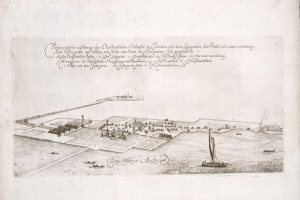 Altes Buch mit dem Titel "Plan der Stadt Köln, Deutschland" mit einer zentralen Illustration der Stadt umgeben von Booten auf dem Wasser.