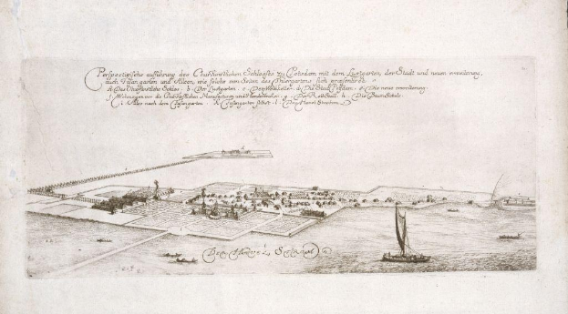 Altes Buch mit dem Titel "Plan der Stadt Köln, Deutschland" mit einer zentralen Illustration der Stadt umgeben von Booten auf dem Wasser.