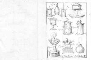 Eine Buchseite mit Illustrationen verschiedener Laborgeräte, einschließlich eines Glases, sowie begleitendem Text.