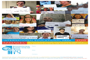 Ein Plakat für die Internationale Bildungswoche 2015, das eine Gruppe strahlender Menschen zeigt, die Schilder halten, mit Text, der Informationen zum Ereignis enthält.