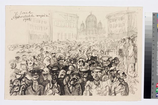 Schwarz-weiß-Zeichnung einer Menge, die vor einem hohen Gebäude protestiert, wobei einige Personen rufen und gestikulieren, während andere im Hintergrund zuschauen.