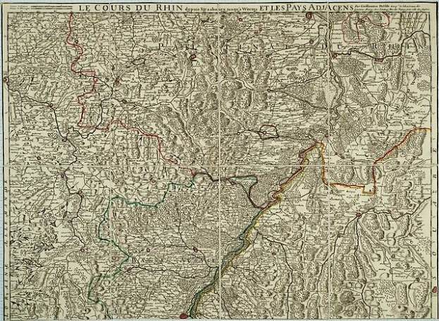 Alte Karte der Rheinpfalz-Region in Frankreich mit dem Rheinfluss, auf Papier mit Text oben und unten gedruckt.