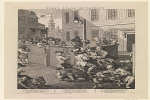 Eine Gruppe von Menschen und Tieren versammelt sich vor einem Gebäude mit Fenstern und einem Laternenmast, mit einem Himmel im Hintergrund und dem Text "Erste Stufe der Grausamkeit" unten.