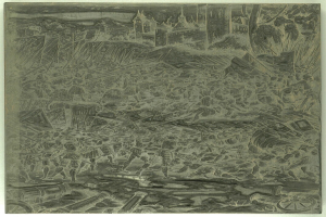 Schwarzes und weißes chaotisches Bild mit verstörten Menschen, die rennen, hohe Gebäude, verstreute Gegenstände und Text unten.