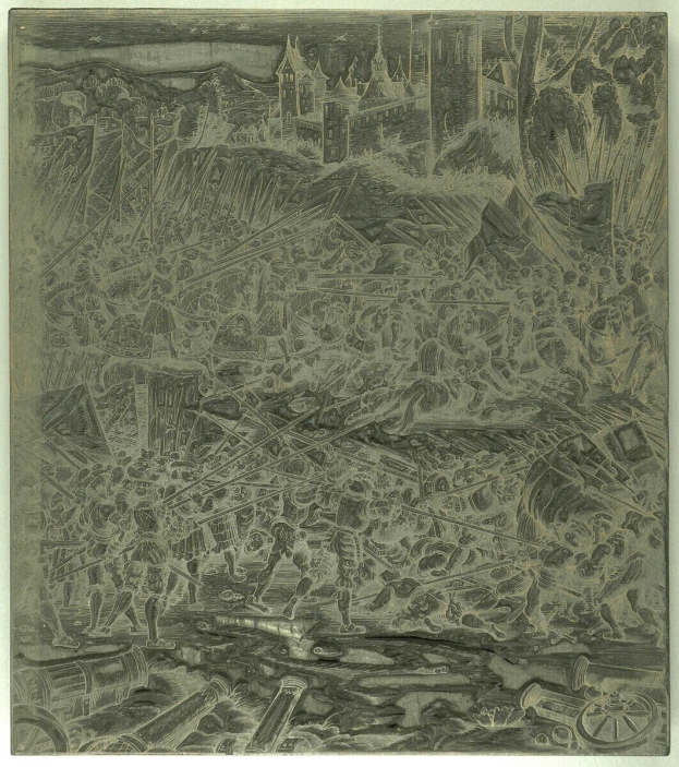 Schwarzes und weißes chaotisches Bild mit verstörten Menschen, die rennen, hohe Gebäude, verstreute Gegenstände und Text unten.