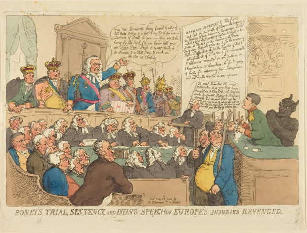Cartoon-Courtroom-Szene mit einem zentralen stehenden Mann, sitzenden Figuren, einem Tisch mit Gegenständen auf der rechten Seite und Text, der unten "Boney's Trial, Sentence and Dying Speech Europe's Injuries Revenged" lautet.