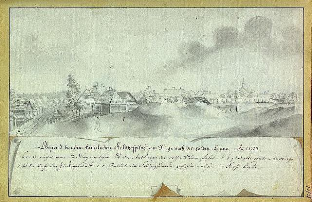 Ein sepiafarbenes historisches Dokument mit einer Stadtansicht im Hintergrund, das die Belagerung von Dresden im Jahr 1803 zeigt, begleitet von Text, der die Ereignisse beschreibt.