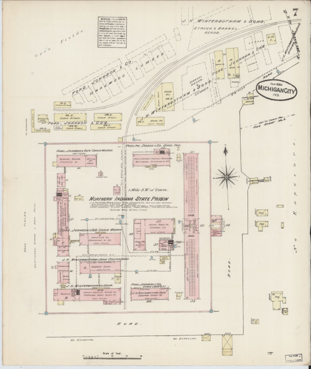 Alte Karte von Detroit, Michigan, mit hervorgehobener Lage des nördlichen Indiana-Gefängnisses und gedruckten Textdetails.