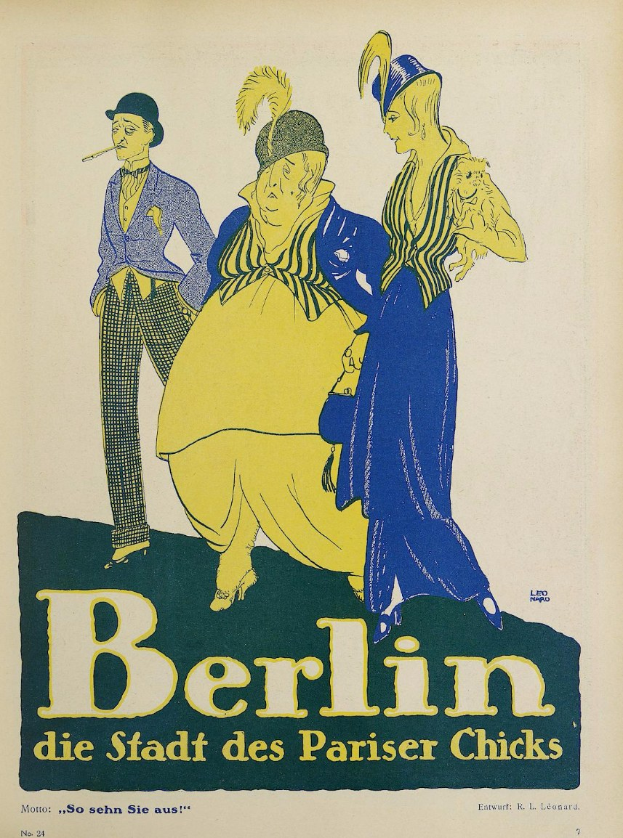 Plakat für ein Konzert in Berlin, Deutschland, das eine Gruppe von Menschen in bunter Kleidung vor einem Gebäude zeigt, mit der Aufschrift "Berlin - Die Stadt des Pariser Chicks" oben.