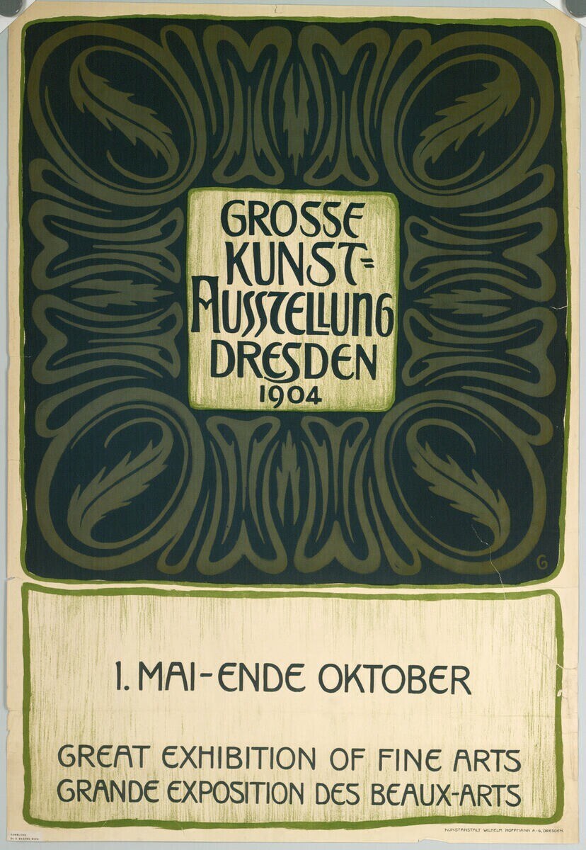Plakat für die Große Ausstellung der Schönen Künste auf der Weltausstellung der Schönen Künste in Dresden, Deutschland, 1904, mit fettem Text, der das Ereignis ankündigt.