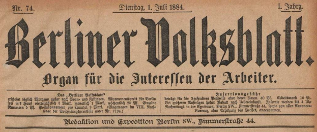 Altes deutsches Zeitungsblatt "Berliner Volksblatt" von 1884, vergilbt und in Schwarz gedruckt.