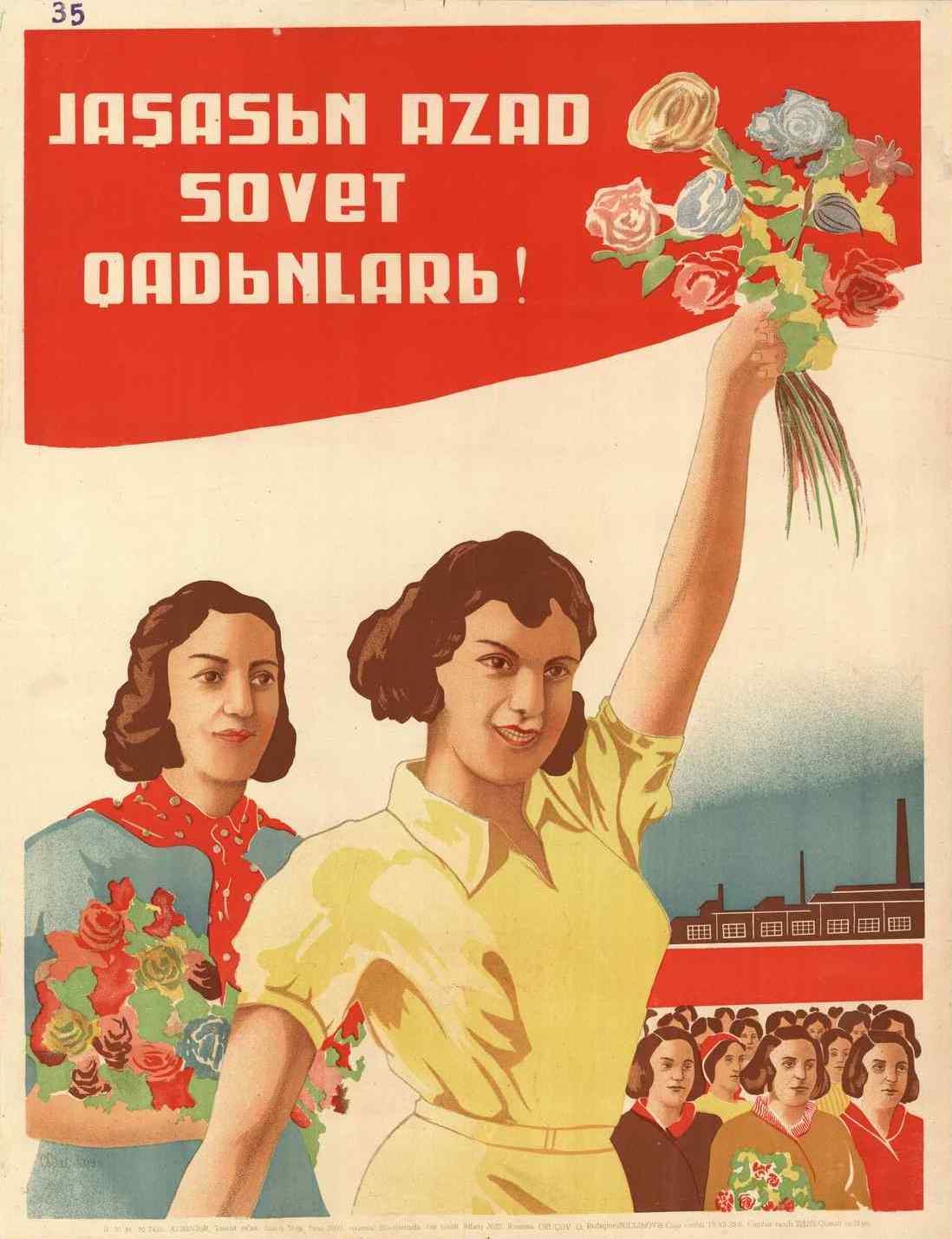 Sowjetisches Propagandaplakat zum Frauentag, das eine Frau mit Blumen in der Hand zeigt, umgeben von Menschen und einem Gebäude, mit der Aufschrift "Frauentag".