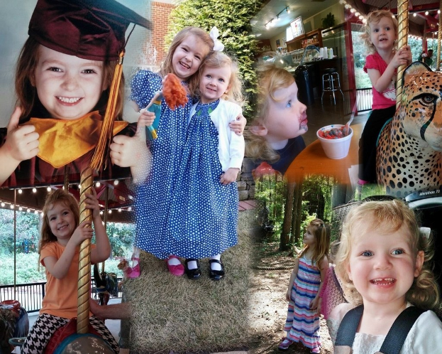 Collage mit lustigen Fahrgeschäften, Kindern an einem Tisch mit Essen und einem Löffel, Lichtern, Grünzeug, einem Seil und einer Mütze.