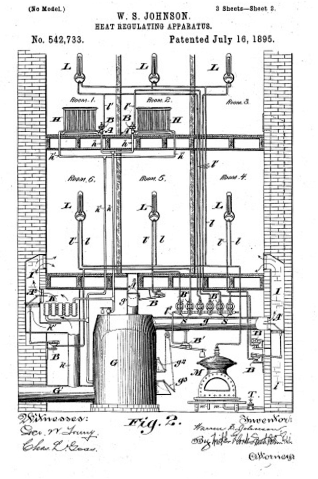 Ein detailliertes technisches Zeichnung aus dem Jahr 1885, das eine Heizregelanlage mit zahlreichen Rohren und Ventilen zeigt, begleitet von erklärendem Text.