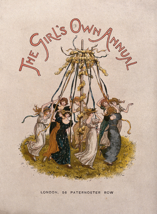 Eine Schwarz-Weiß-Illustration aus "The Girl's Own Annual", die eine Gruppe von Menschen in bunten Kleidern zeigt, die um einen geschmückten Maibaum tanzen.
