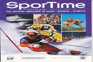 Ein Magazin-Cover mit der Aufschrift "Sporttime Magazine - März 1996", das Bilder von Skifahrern und Snowboardern zeigt, zusammen mit Text und Logos.