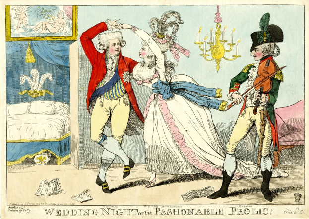 Eine Karikatur eines Mannes und einer Frau, die auf einer Hochzeit tanzen, beleuchtet von einem Kronleuchter, mit einem Bett, einem Wandrahmen und verschiedenen Gegenständen auf dem Boden; der Text unten lautet 'Hochzeitsnacht oder das Modevergnügen'.