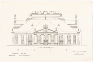 Ein detailliertes Skizze der Schlosshof-Gebäudefassade in Dresden, Deutschland, mit zahlreichen Fenstern und Statuen, gezeichnet auf einem Papier mit sichtbarem Text.